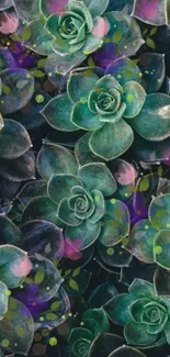 Artistic succulent and floral phone wallpaper with green tones.