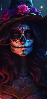 Colorful sugar skull girl art with roses and hat.