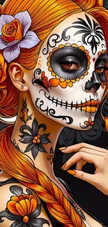 Portrait of woman with vibrant sugar skull face paint and floral designs.