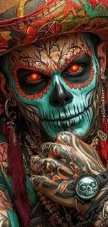 Intricate sugar skull tattoo design with vibrant colors.