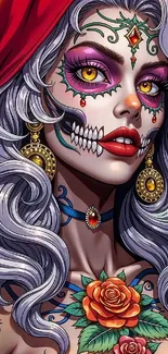 Illustrated sugar skull art with vibrant colors.