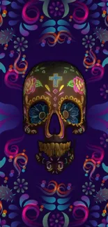 Colorful sugar skull art on a purple background.