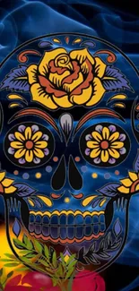 Colorful sugar skull with floral designs on a blue background.