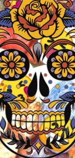 Colorful sugar skull with vibrant floral designs, ideal for festive wallpaper.