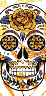 Colorful sugar skull with floral design on orange background.