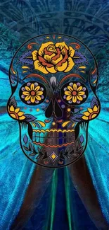 Vibrant sugar skull with floral designs on blue background.