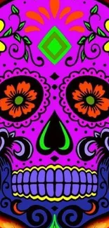 Vibrant sugar skull wallpaper with neon floral patterns and bold colors.