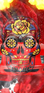 Vibrant sugar skull wallpaper with red car and cat motif.