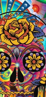 Colorful skull art wallpaper with floral and abstract patterns.