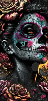 Colorful sugar skull art with floral accents in black and vibrant hues.