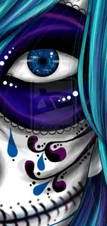 Vibrant sugar skull illustration with a blue and purple theme.