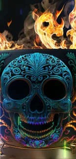 Vibrant sugar skull with neon highlights and fiery backdrop on mobile wallpaper.