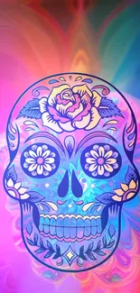 Colorful sugar skull with abstract background, perfect for mobile wallpaper.