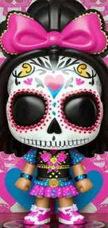 Vibrant sugar skull character with pink accents and intricate patterns.