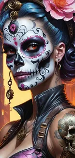 Vibrant sugar skull art with flowers and steampunk elements.