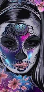 Vibrant sugar skull art with floral design on a phone wallpaper.