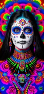 Vibrant sugar skull art with colorful patterns and Mexican motifs.