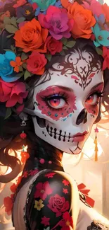 Colorful sugar skull art with floral wreath.