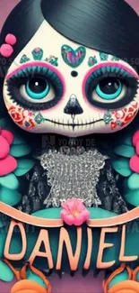 Colorful sugar skull artwork with flowers.