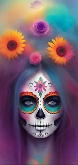 Vibrant sugar skull art with colorful flowers and violet hues.