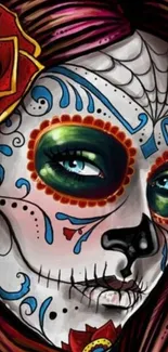 Vibrant sugar skull design with colorful face art on wallpaper.