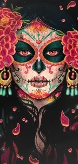 Colorful sugar skull art with floral elements and bold red accents.