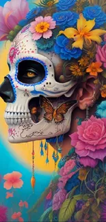 Colorful skull with vibrant flowers and butterflies.