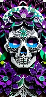 Vibrant sugar skull with intricate purple floral patterns.