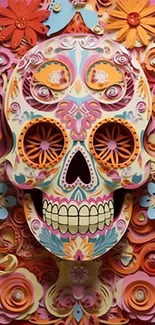 Vibrant sugar skull with floral motifs on pink background.