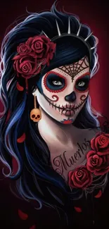 Gothic sugar skull with roses, ideal for mobile wallpaper.