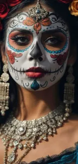 Colorful sugar skull design on woman's face.