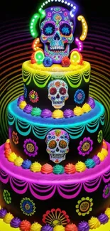 Colorful cake with neon sugar skull design, perfect for festive occasions.