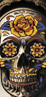 Vibrant sugar skull with floral designs in golden hues.