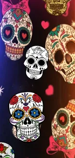 Colorful sugar skulls on a black background.