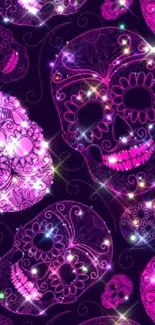 Neon pink and purple sugar skull wallpaper for mobile.