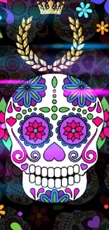 Colorful sugar skull with floral patterns on black background.