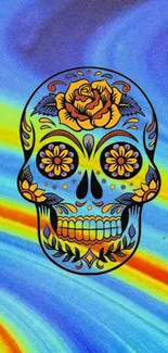 Vibrant sugar skull wallpaper with blue and orange hues.