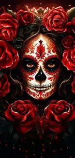 Sugar Skull art surrounded by vibrant red roses on a dark background.