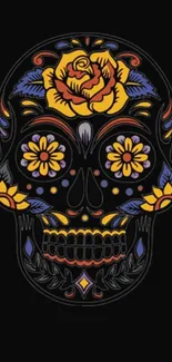 Colorful sugar skull with floral designs on a black background.
