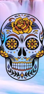 Vibrant sugar skull wallpaper with floral design and watercolor background.