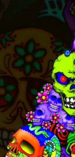 Vibrant and colorful skull art wallpaper featuring intricate designs.