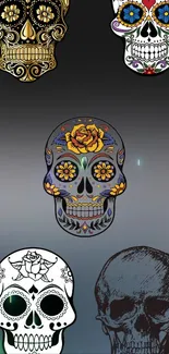 Colorful sugar skulls on a gray gradient background.