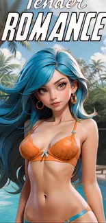 Animated character in bikini by the pool with blue hair and tropical backdrop.