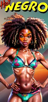 Vibrant illustration of a woman with afro in a colorful summer setting.