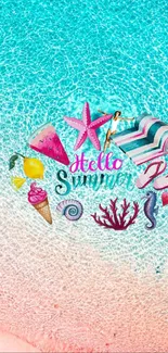 Vibrant summer beach wallpaper with aqua ocean and pink sand.