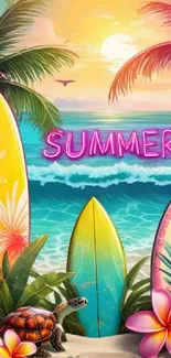 Vibrant summer beach wallpaper with surfboards and ocean view.