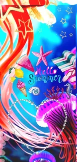 Vibrant summer beach wallpaper with colorful marine elements for phone.