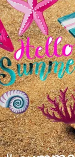 Vibrant summer beach wallpaper with sand, seashells, and colorful decorations.