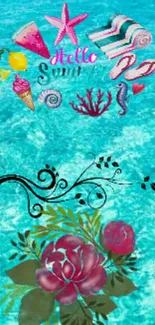 Summer-themed wallpaper with ocean waves, seashells, and vibrant florals.