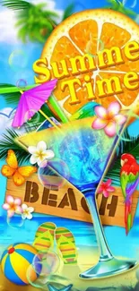 Vibrant summer beach wallpaper with tropical elements and bright colors.